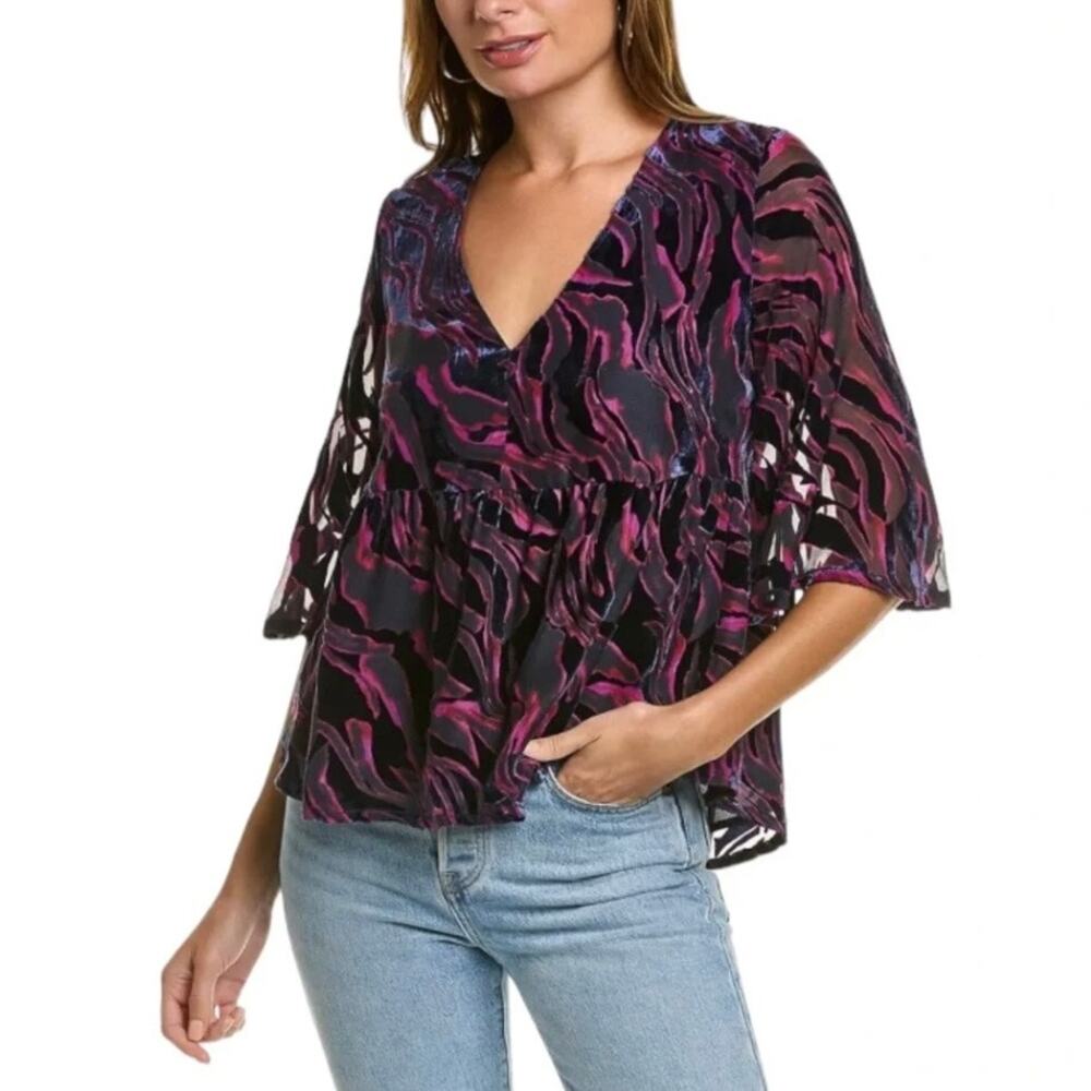 Johnny Was Jade Collection Selene Tiered Flare Sleeve Top - Black Purple - Sz. L